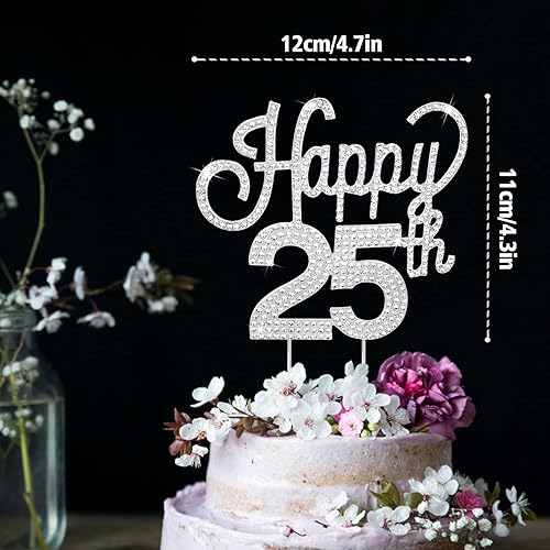 Miniatura 3 de LINGTEER Decoración para tartas con diamantes de imitación plateados para cumpleaños 25 de feliz cumpleaños 25 de 25 años, decoración para centros