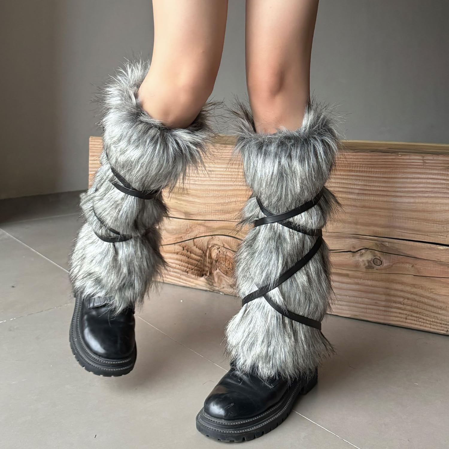 XGOPTS Viking Faux Fur Leg Warmers with Leather Straps Wrap Furry Boot Covers Warrior Cosplay Costume Accessory for Women Men - Image 5