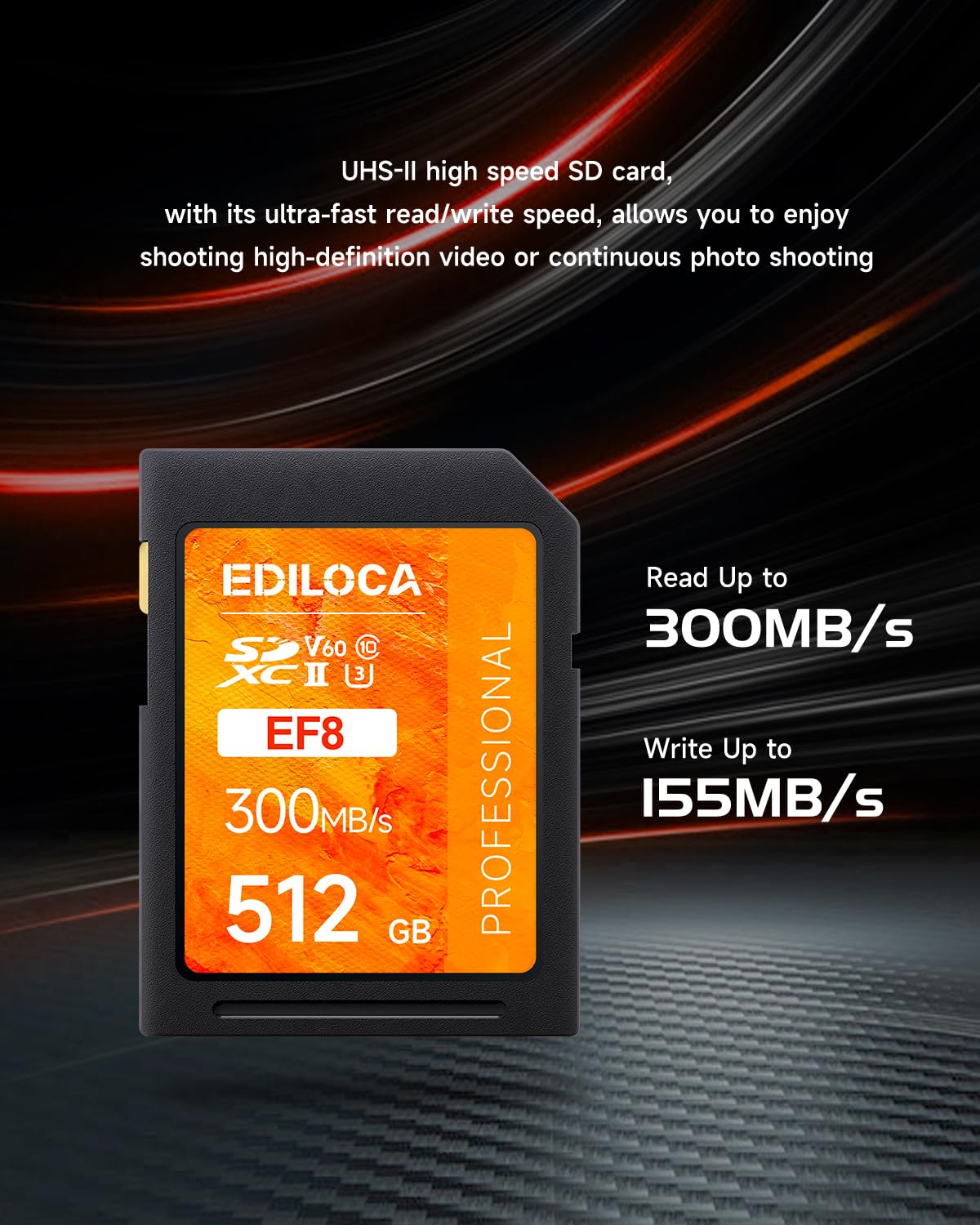 Carte SD V60 UHS-II 512 Go, Carte mémoire SDXC avec jusqu'à 300 Mo/s en Lecture, 200 Mo/s en écriture pour la vidéo 4K/6K et la Photographie Professionnelle (U3, V60, Classe 10, Carte SD UHS-II)