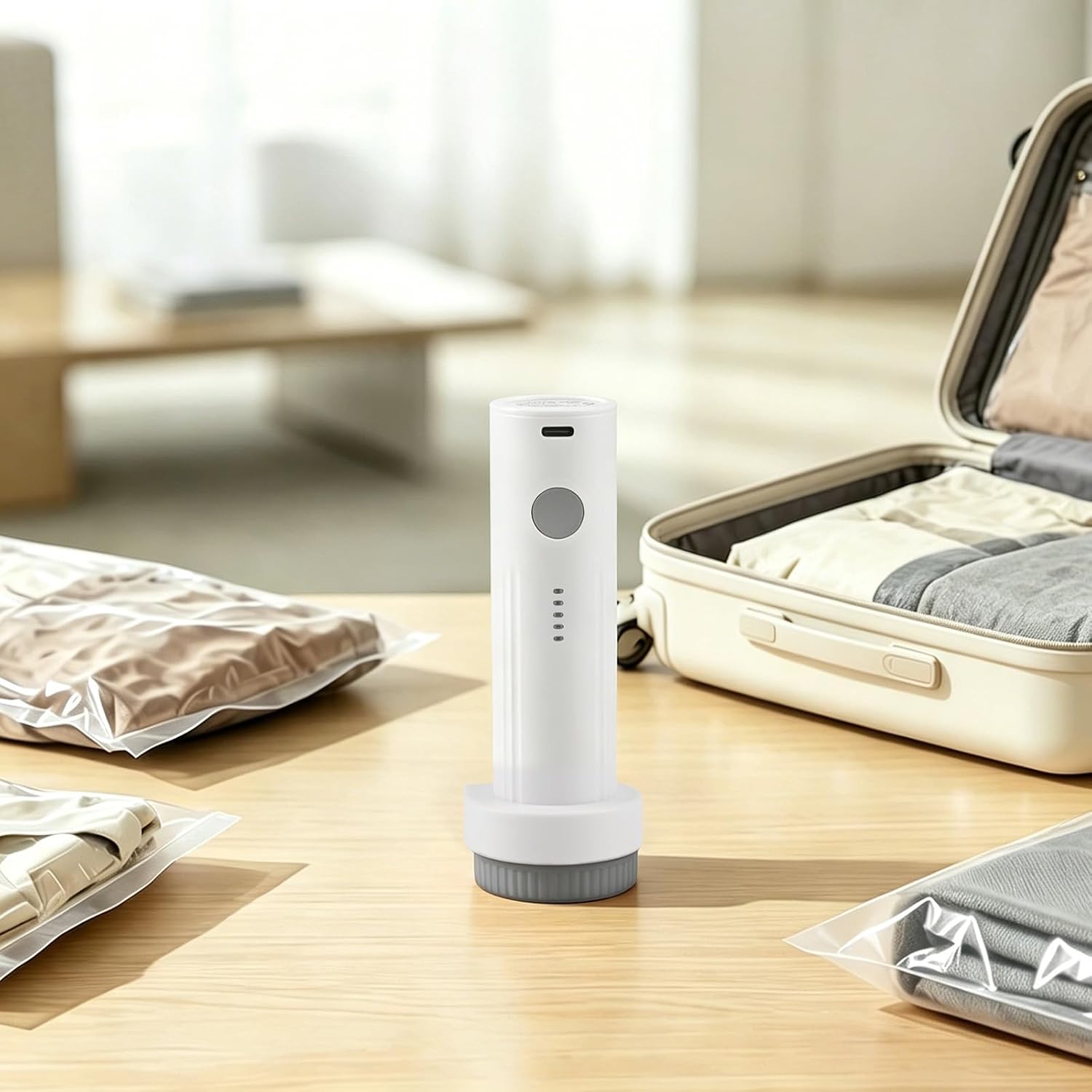 6.0Kpa Cordless Electric Vacuum Pump for Storage Bags，Portable Type-C Rechargeable Seal & Compression Bag Pump for Travel，Clothes, Blankets & Bedding（Storage Bags Not Included）（White-Grey）