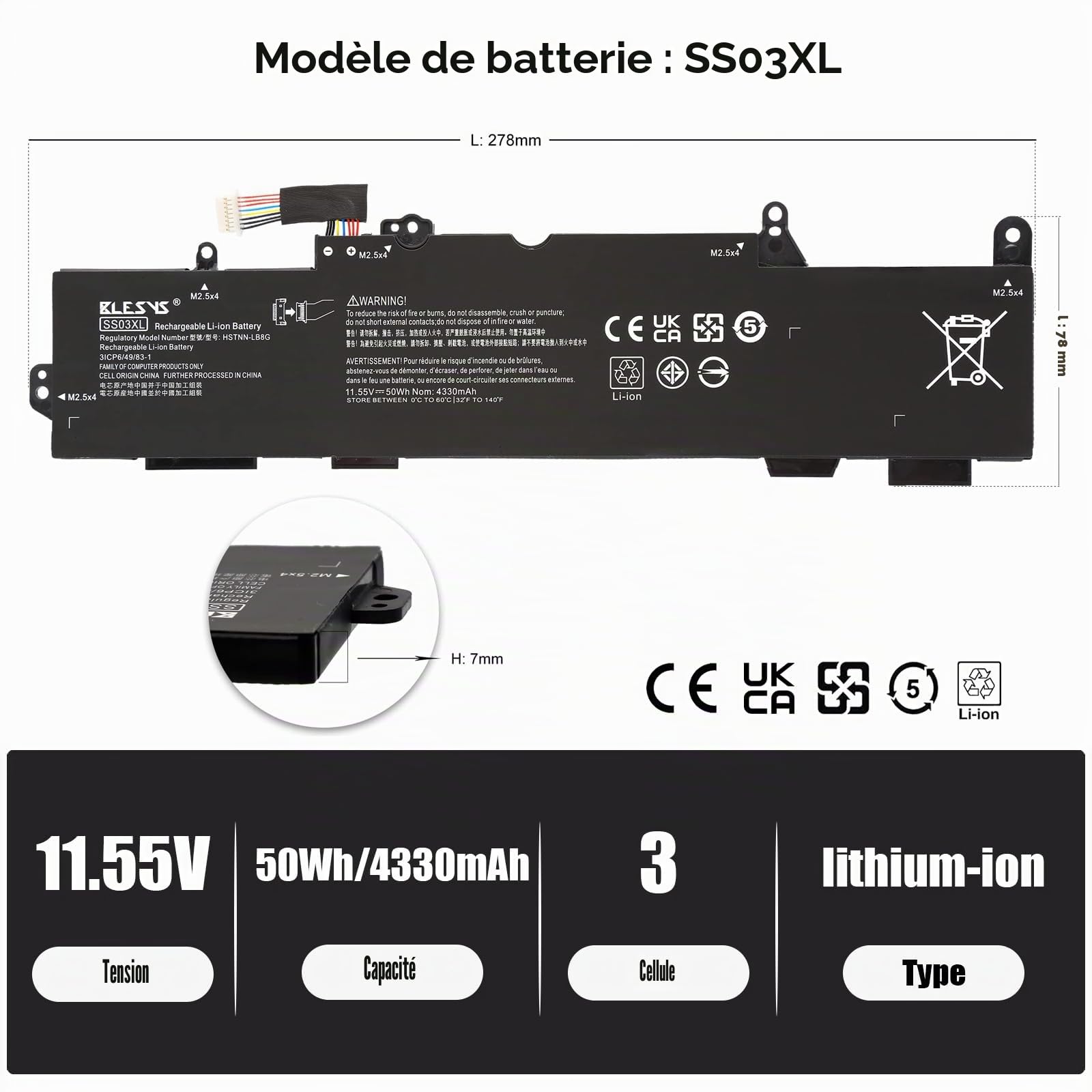 BLESYS SS03XL 933321-855 Batterie pour HP EliteBook 840 G5 840 G6