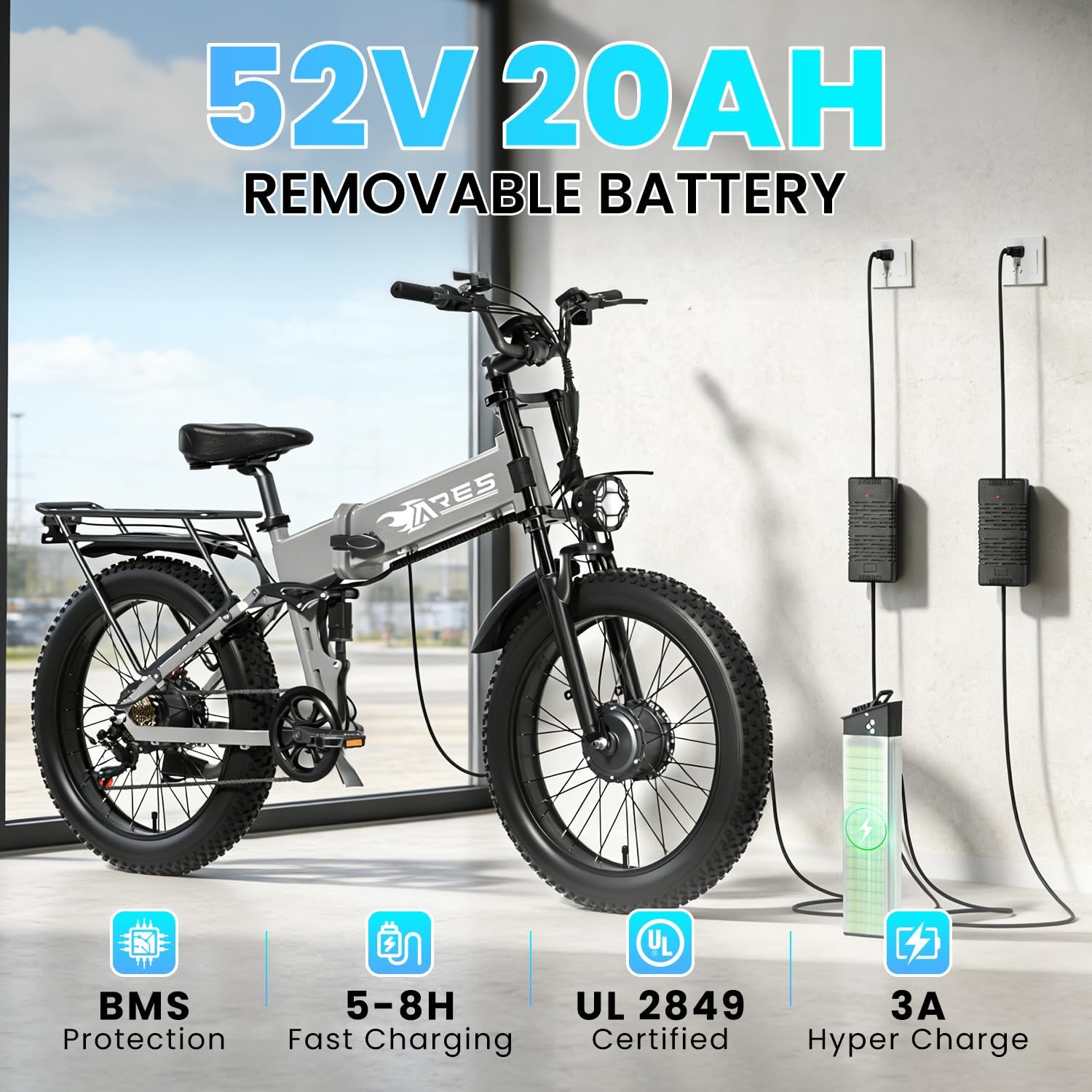 Dual Motor Foldable Electric Bike Adults & Teens 3000W Peak | 52V 20AH (1040WH) Removable Battery | 24" Fat Tire Ebike| 35Mph 80Miles Moped E Dirt Bike | Adjustable Seat | Suspension