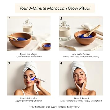 Moroccan Nila Powder Natural Blue Clay Mask for Face, Body & Hair Exfoliates for Glowing, Even-Toned Skin Plant-Based & Traditional Hammam Skincare for All Skin Types