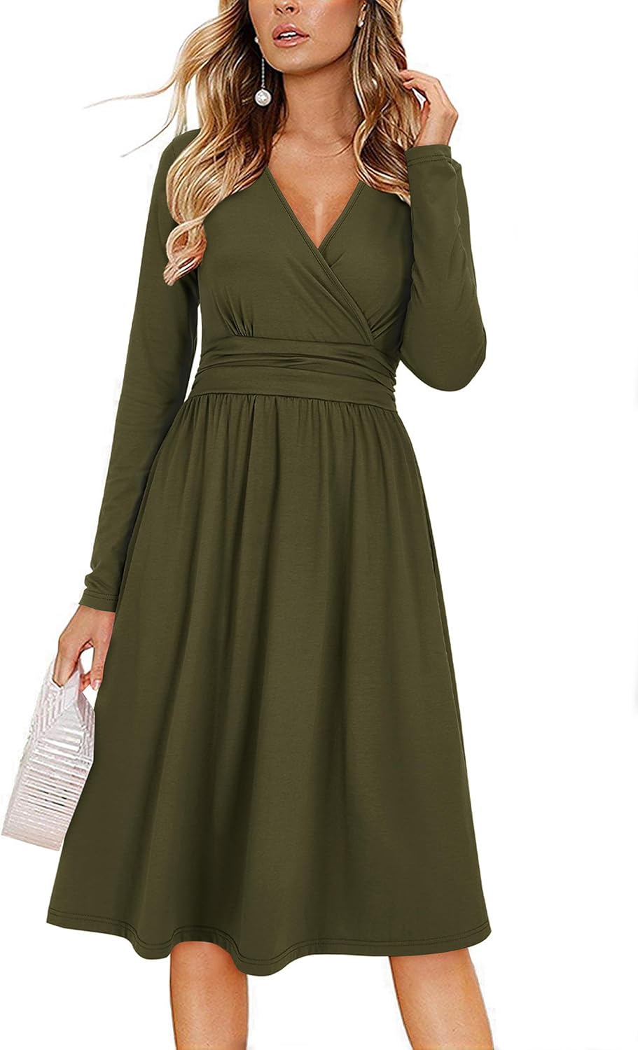 OUGES Women's Fall Long Sleeve Dress Casual Wrap V Neck Flowy Midi Wedding Guest Dresses with Pockets 2025