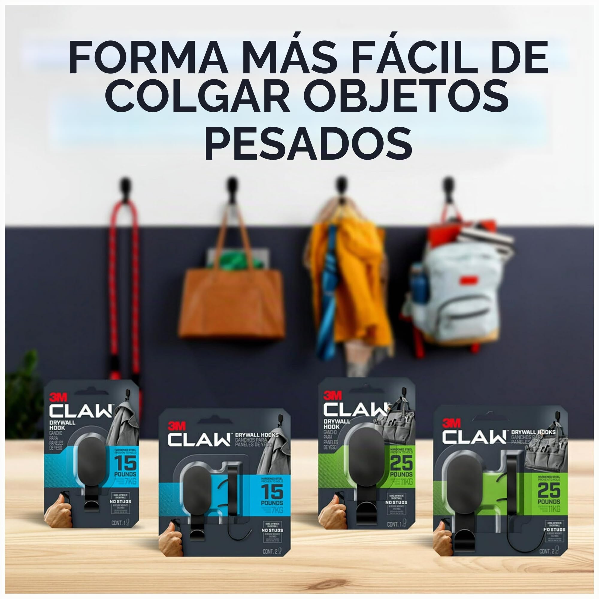 3M Claw (TM) 25 libras. 2 ganchos negros para paneles de yeso y 2 ganchos para fotos, solución pesada para colgar mochilas, chaquetas, fotos y decoración del hogar, paquete de 4