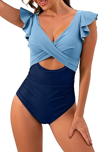 B2prity One Piece Swimsuits for Women Ruffle Sleeve V Neck Bathing Suit Tummy Co