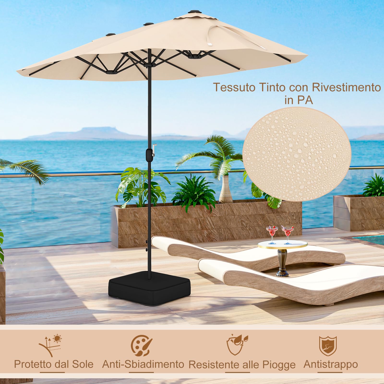 GYMAX Ombrellone Doppio da Giardino con Base, 4 x 2 m, con Manovella e Ventilazione, Ombrellone da Tavolo Extra Grande per Area Piscina, Terrazzo e Cortile