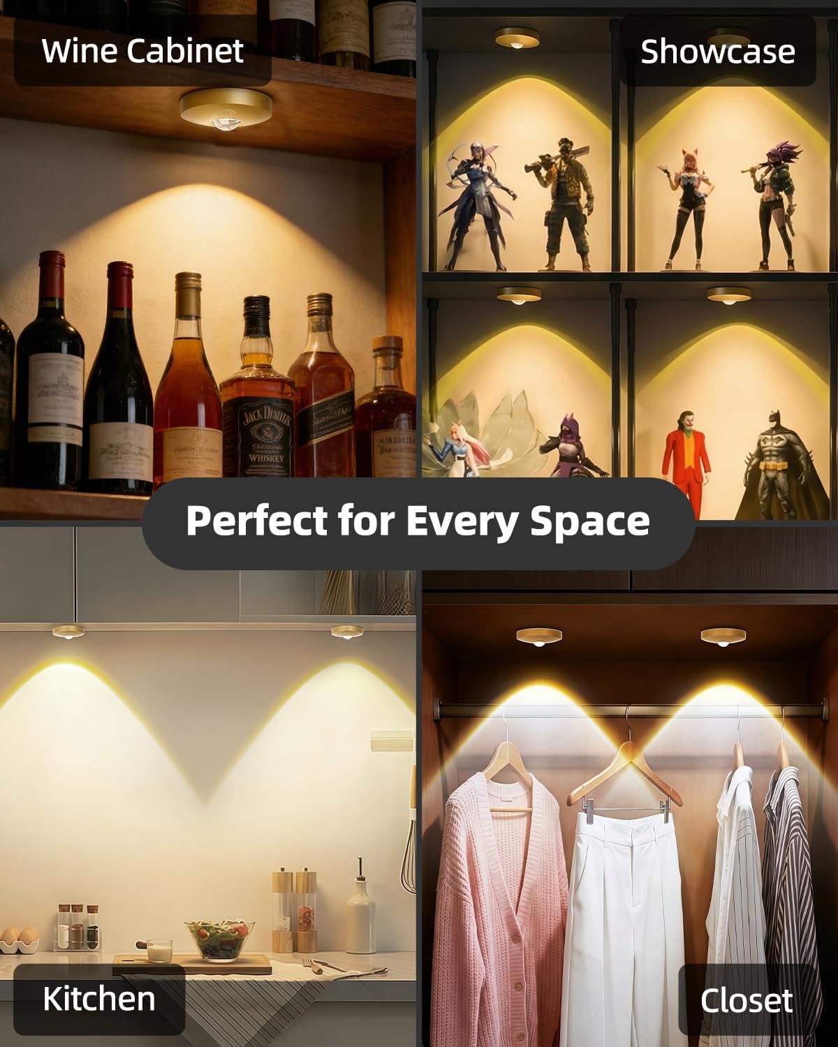 Rechargeable Puck Lights With Remote Control, 1500mAh Battery Operated Tap Lights, Dimmer & Timer Under Cabinet, Wireless LED Stick-On for Closet, Bedroom, Kitchen - Gold 3Pcs