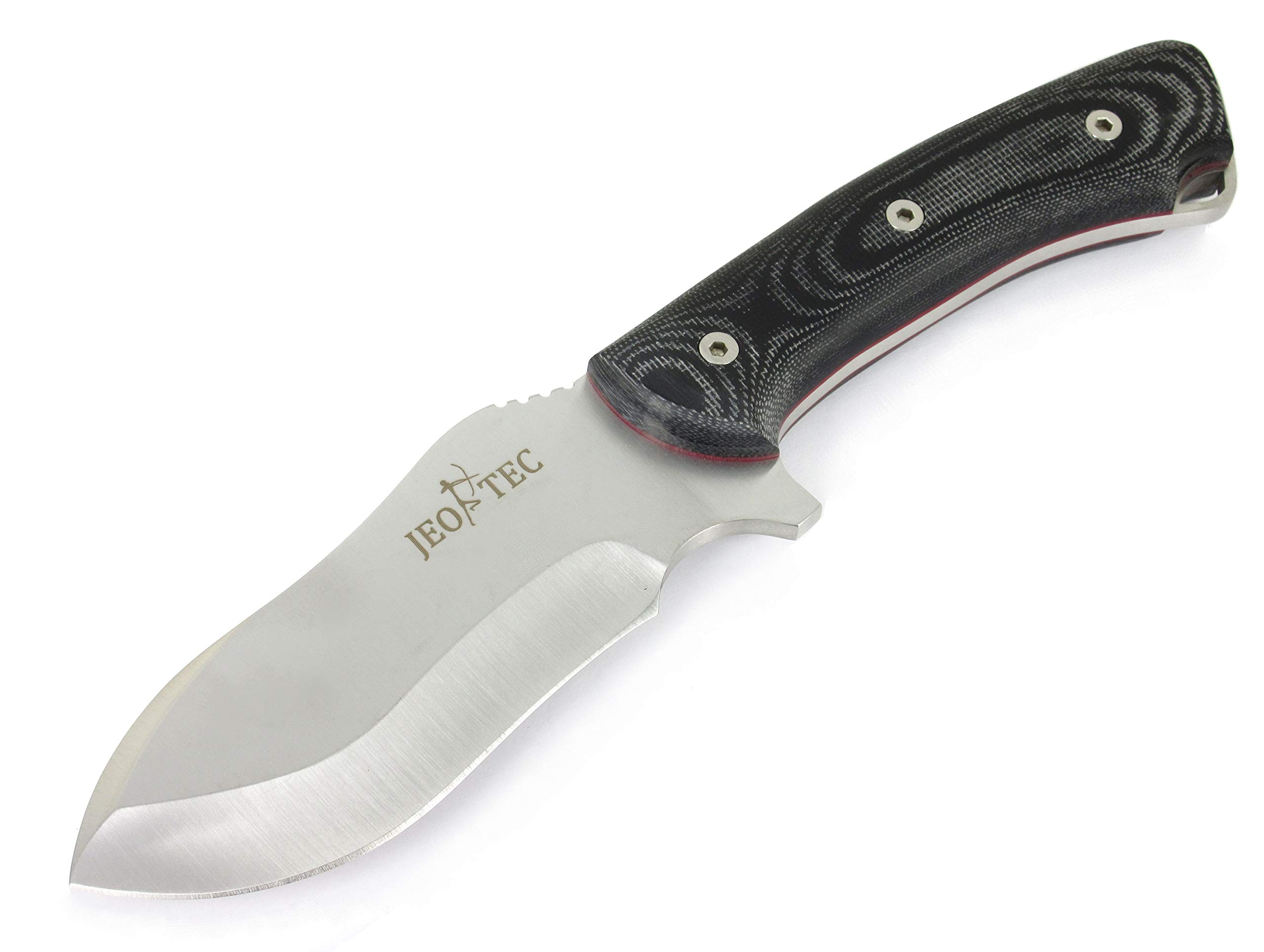 JEO-TEC Nº35 Nóż Bushcraft, nóż do paska na zewnątrz, nóż myśliwski, nóż survivalowy wielofunkcyjny , stałe ostrze, MOVA-58, z naturalna skorzana osłona + krzesiwo + ostrzalka do noży , recznie robiony w Hiszpanii