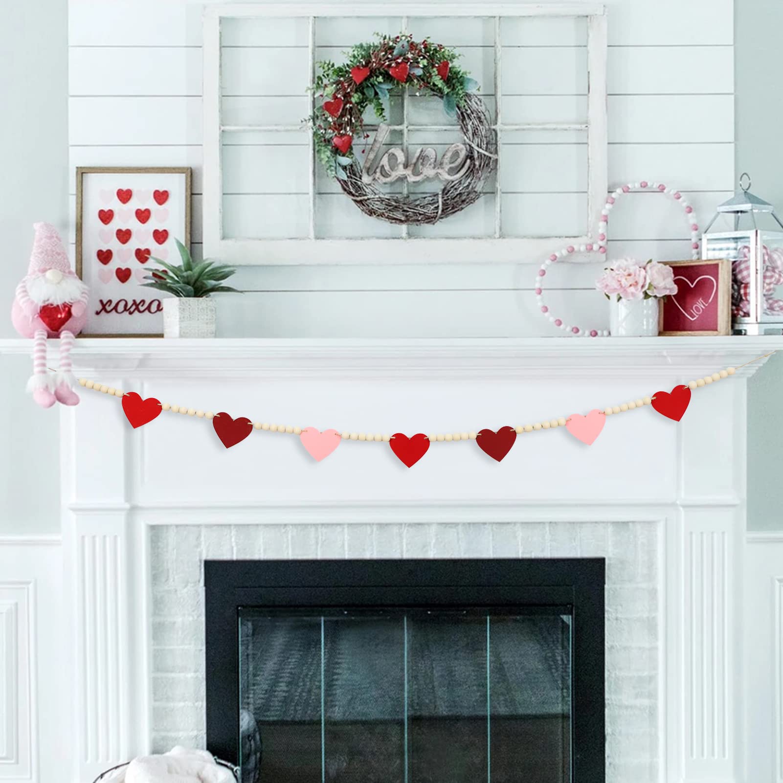 DAZONGE Decoración retro de San Valentín, guirnalda de cuentas de madera de corazones de fieltro para decoraciones de San Valentín, pancarta de fieltro roja y rosa, para boda, decoración de