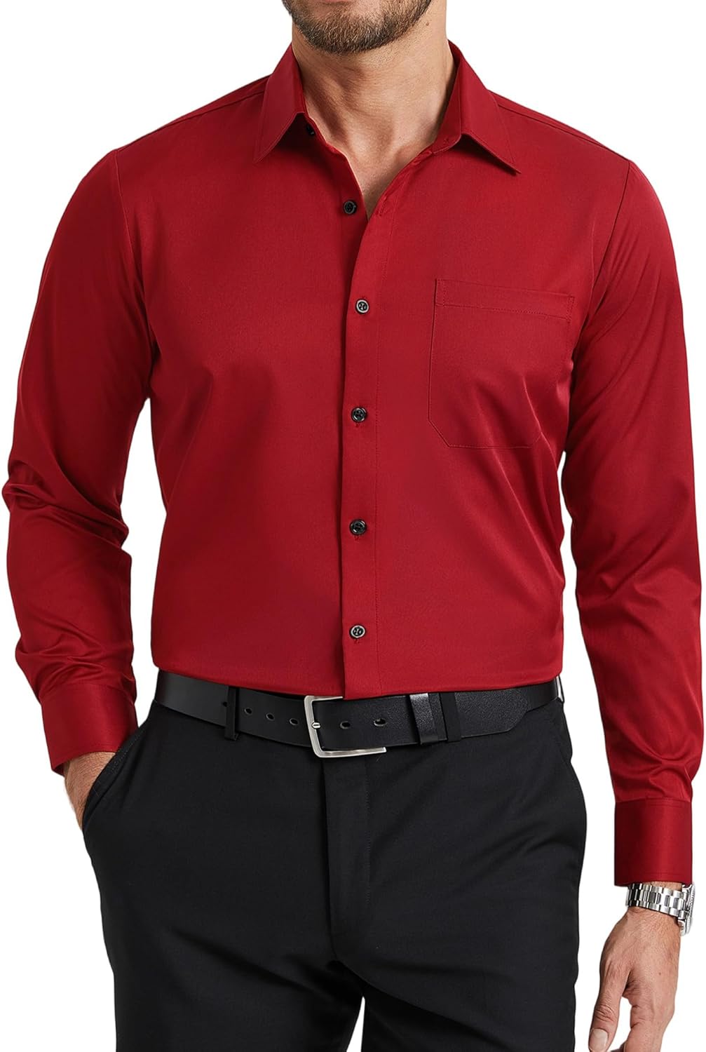Modern Contrasterende Kleuren Lange Mouwen Polokraag Herenhemd