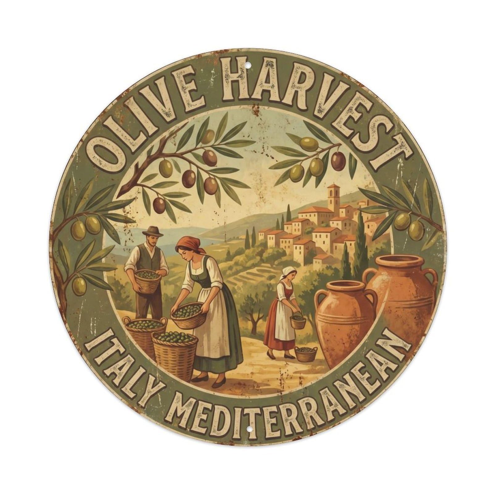 Vintage Travel Olive Harvest Italy Mediterranean Metal Tin Sign Plaque Wall Decor for Cafe, Club Bar, Office, Home Garden Round Metal Poster 8x8Inch