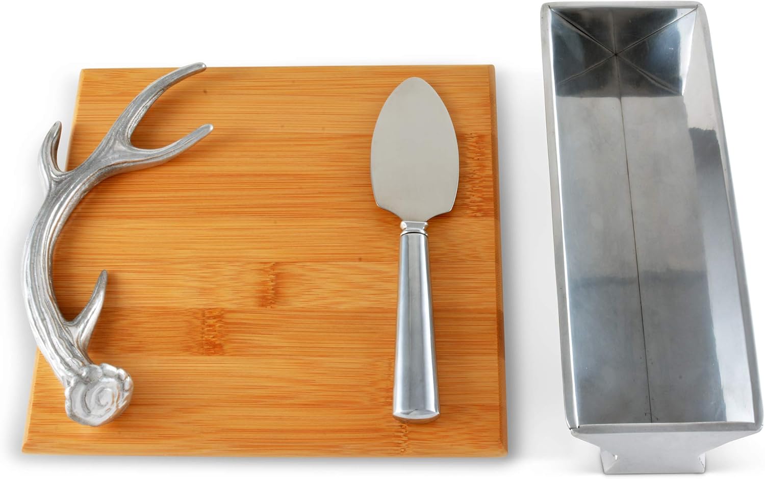 Arthur Court Designs Bamboo Cheese Board with Antler Accent Cracker Tray and Spreader 8.5 inch x 8.5 inch board