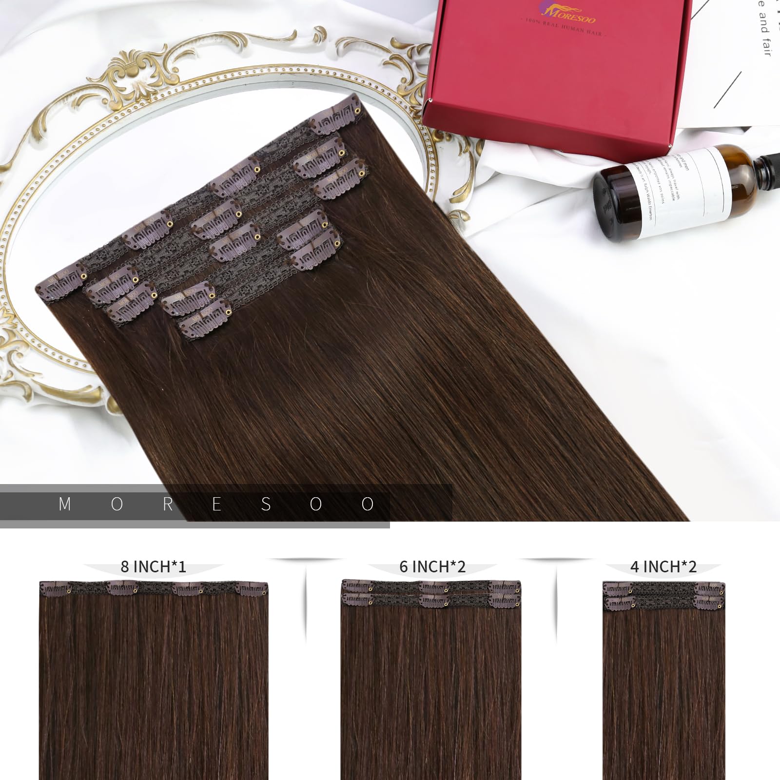 Moresoo Clip in Hair Extensions Real Human Hair 20 Inch Dark Brown Clip in Human Hair Extensions Brown Straight Human Hair for Women Adding Volume Natural Looking 5pcs/80G #4 - Image 3