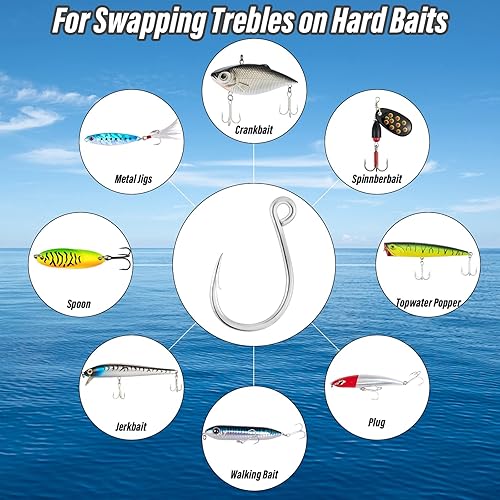 Miniatura 7 de Dr.Fish Paquete de 30 ganchos de repuesto individuales para señuelos duros, anzuelos de pesca en línea, anzuelos de acero de alto carbono, aparejos