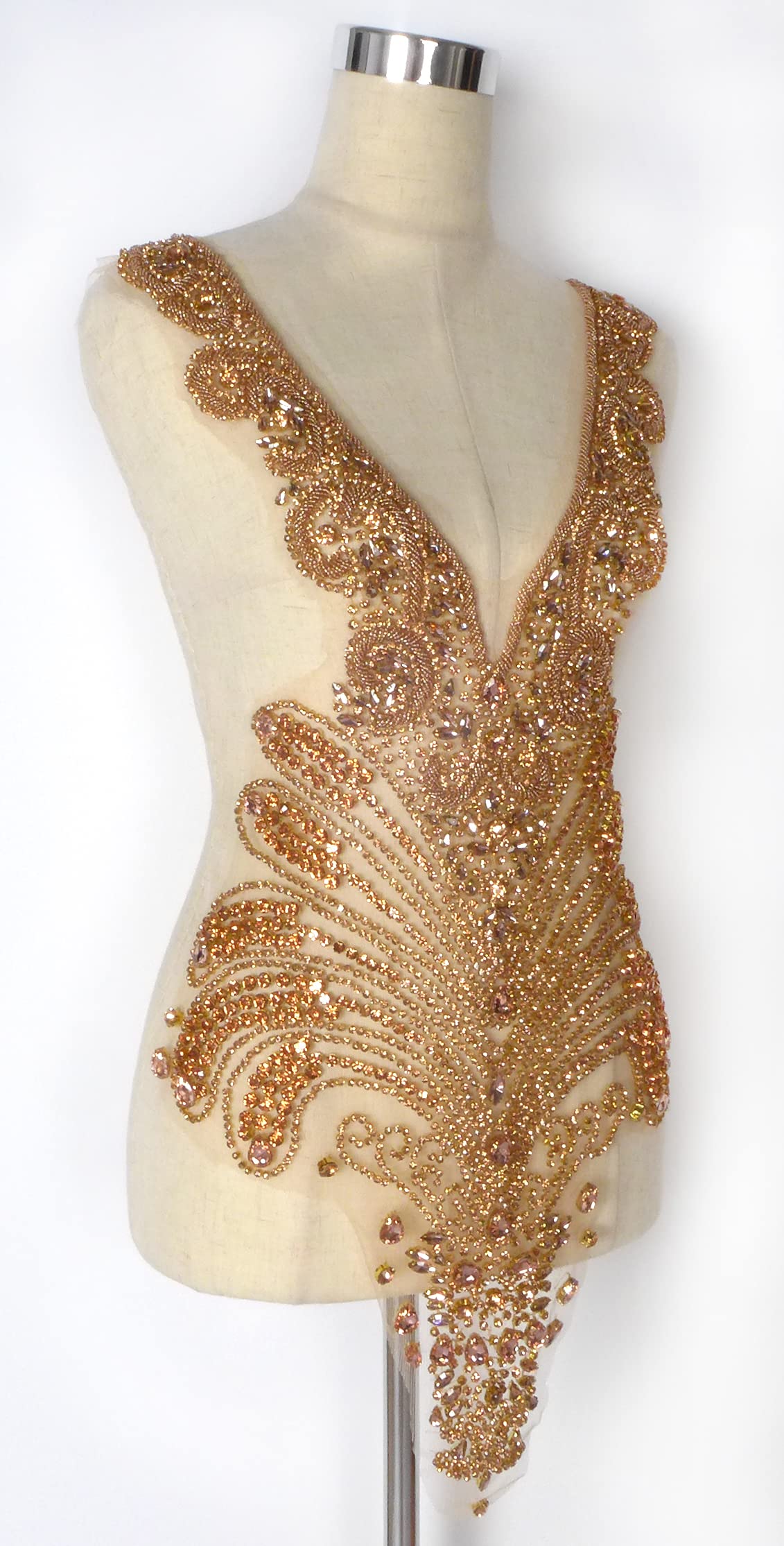 Labellezalay Rose Gold Front and Back Bodice Rhinestone Applique Patch,New 33.4" * 15.7" Decorate Appliques,Deep V-Neck DIY Dress Applique Patch by Piece (YM2101-2 Rose Gold)