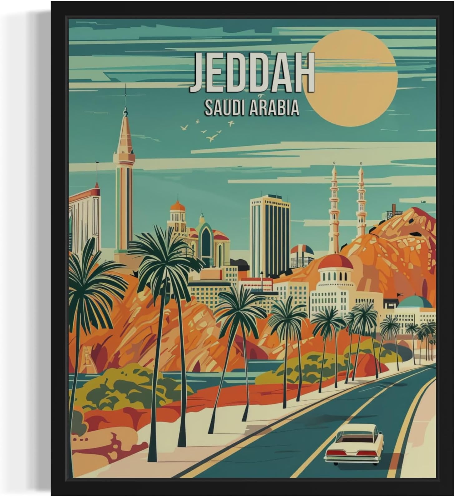Jeddah Saudi Arabia City Wall Art Poster Print, Asian Landscape Scenery Painting Artwork Travel Prints Decor Cityscape Landmarks Gallery 26 (Jeddah Saudi Arabia, 11 x 14 inches, Black Frame)