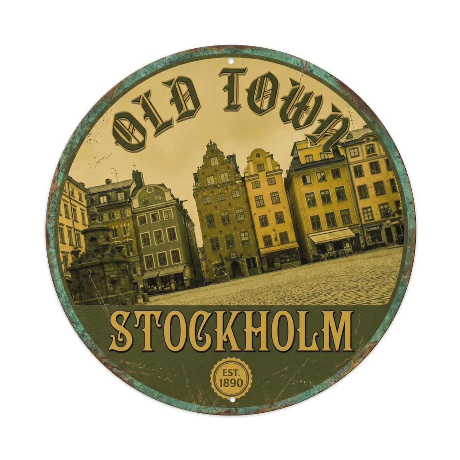 Cmhok Vintage Style-27 Vintage Travel Old Town Stockholm Artwork Metal Tin Sign Plaque Wall Decor For Cafe, Club, Garden Round Metal Poster 8X8inch