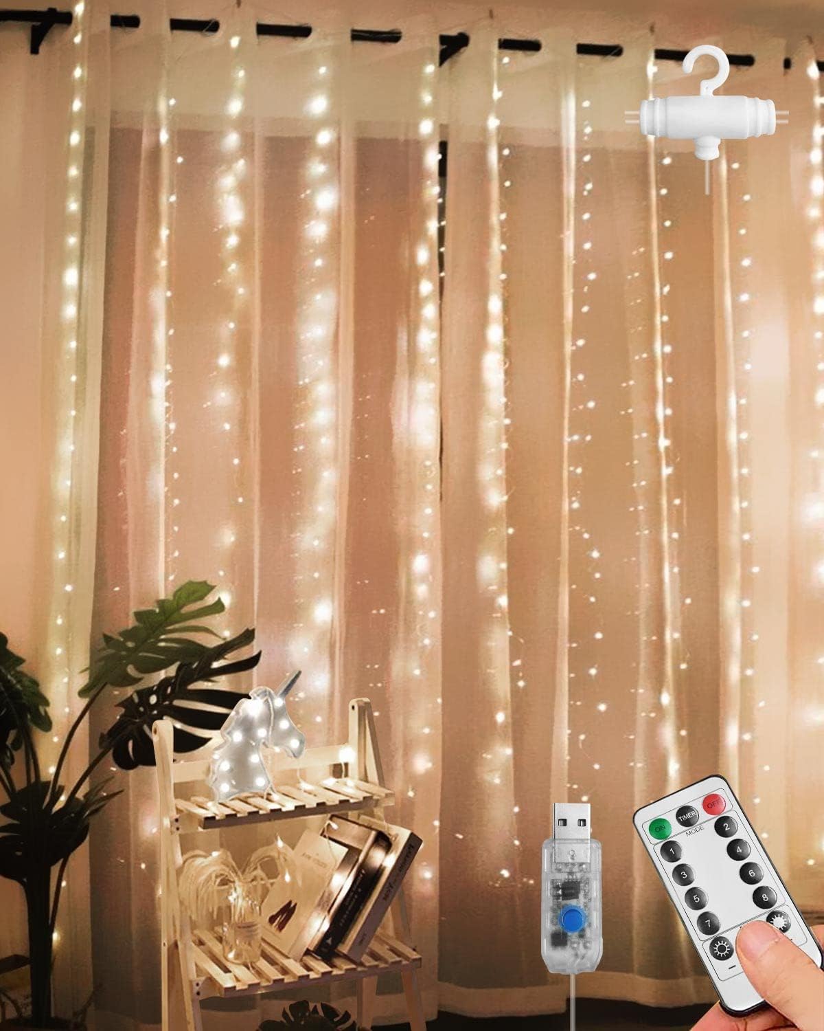 MOXTOYU 360LED Christmas Curtain Lights Indoor, 8 Modes Curtain Fairy Lights with Adjustable Brightness, 3x3M USB Charging Fairy Lights Curtain for Bedroom, Ideal Decoration for Xmas Party Wedding