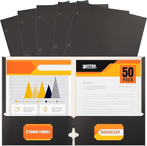 Better Office Products Carpetas portafolio de dos bolsillos, paquete de 50 unidades, color negro, carpetas de papel tamaño carta, 50 piezas, color