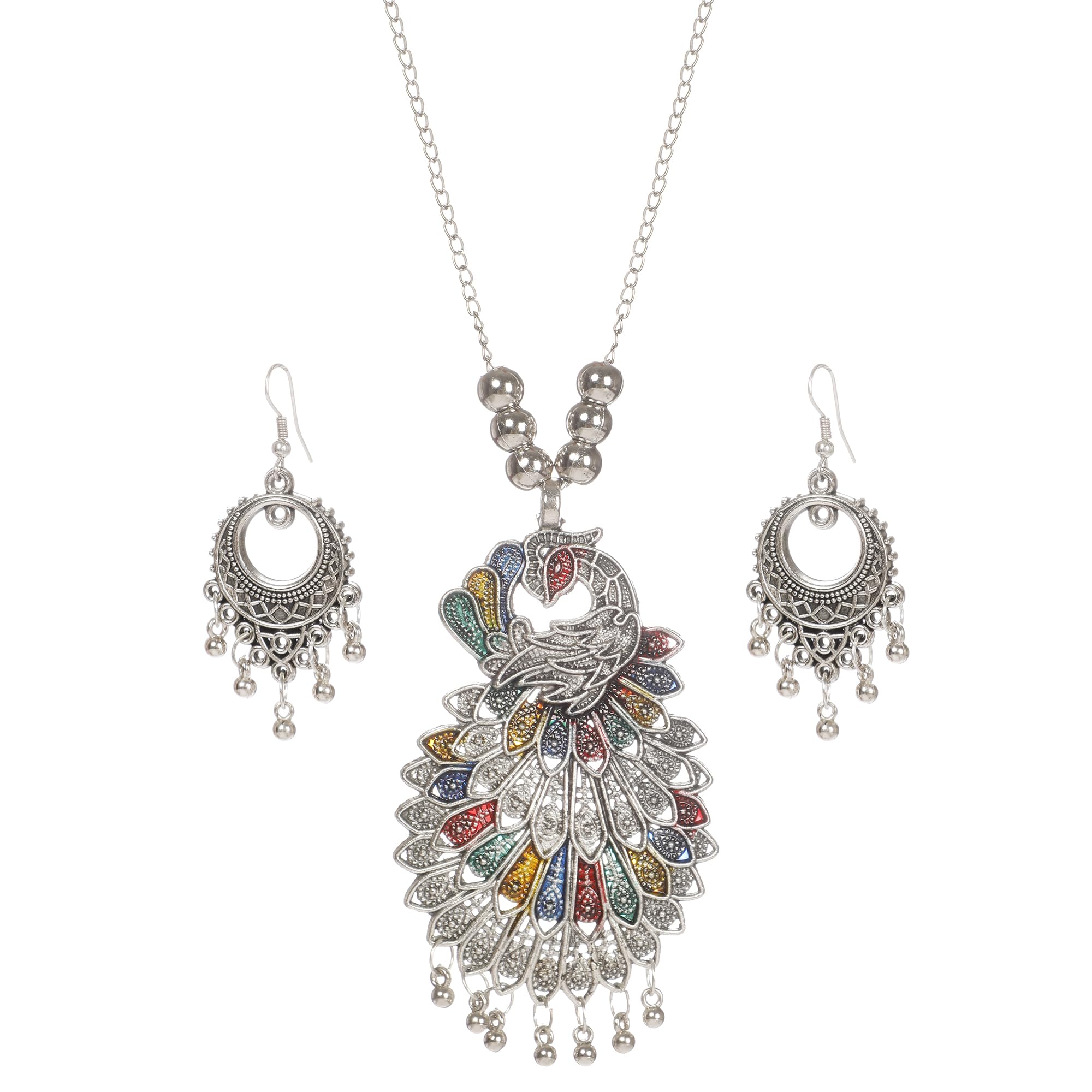 Oxidised Peacock Design Necklace Set with Earrings for Women & Girls | Ethnic Jewellery