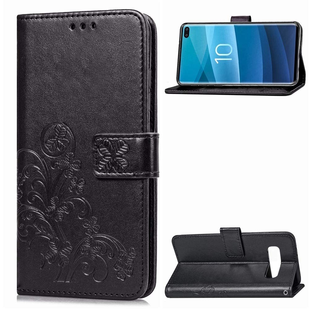 MDYHMC YXCY AYJJ Lucky Clover Pressed Flowers Pattern Leather Case for GALAXY S10+, with Holder & Card Slots & Wallet & Hand Strap (Black) (Color : Grey)
