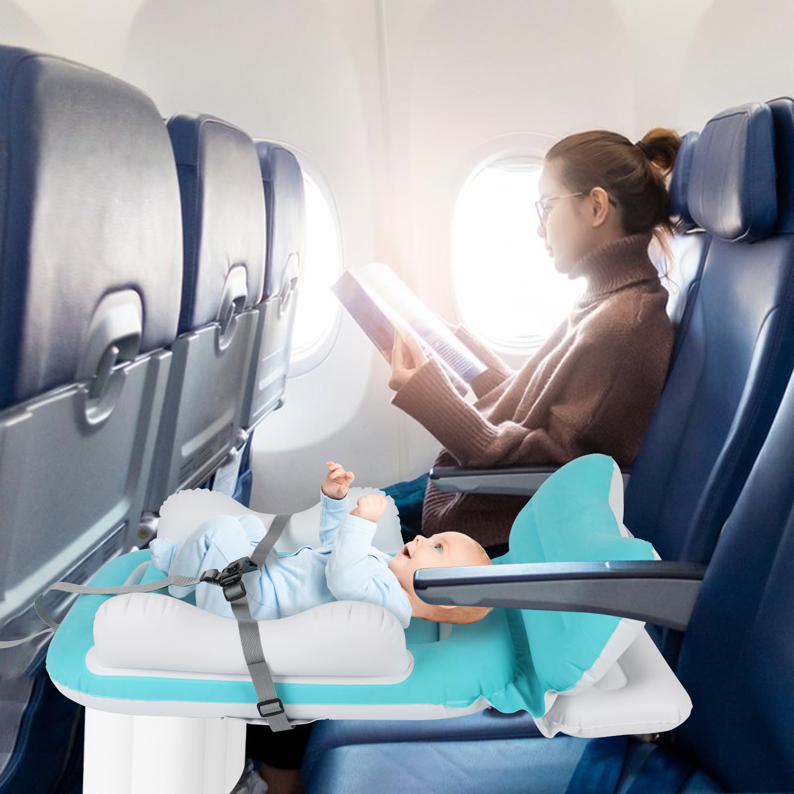 Flugzeugbett für Kleinkinder, Aufblasbares Reisebett mit Handpumpe und hohen Seiten für Flugsitz, Auto, Zug