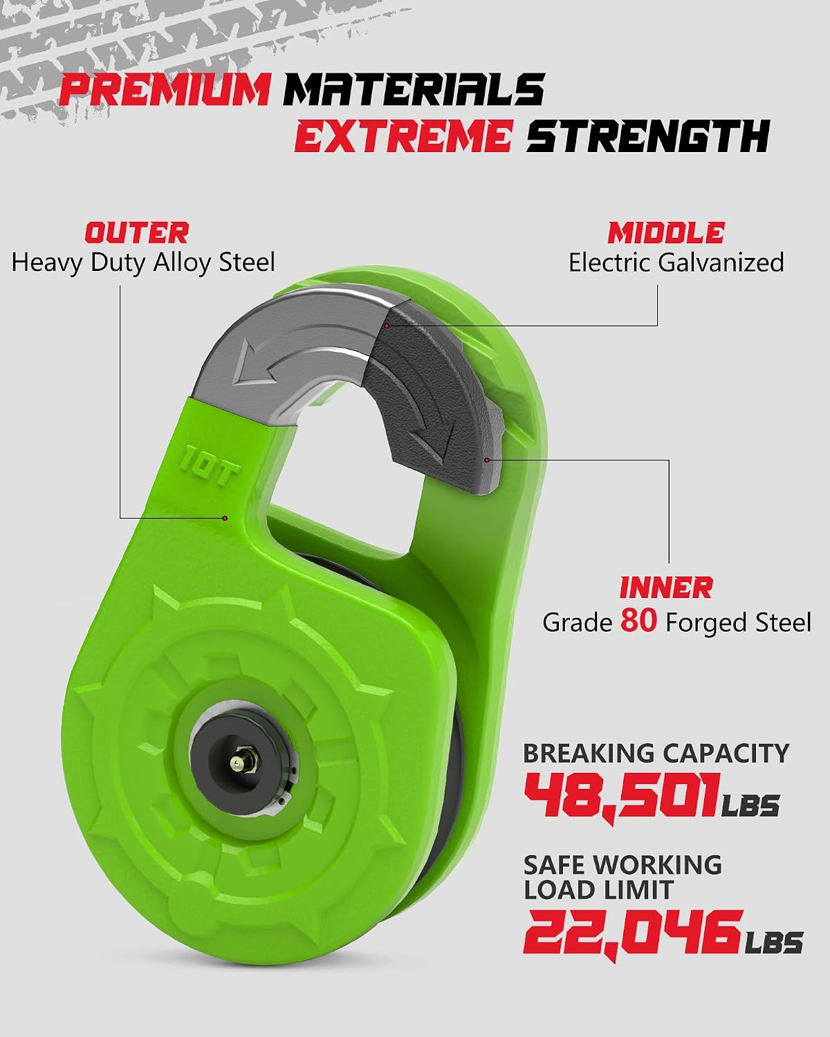 Towing Winch Snatch Block, Separate Pulley Block, Multiple-Purpose G80 Heavy Duty Forged Winch Snatch Block Pulley, 22Tons(46,051lbs) MBS, for Synthetic Rope Off Road Recovery, Green