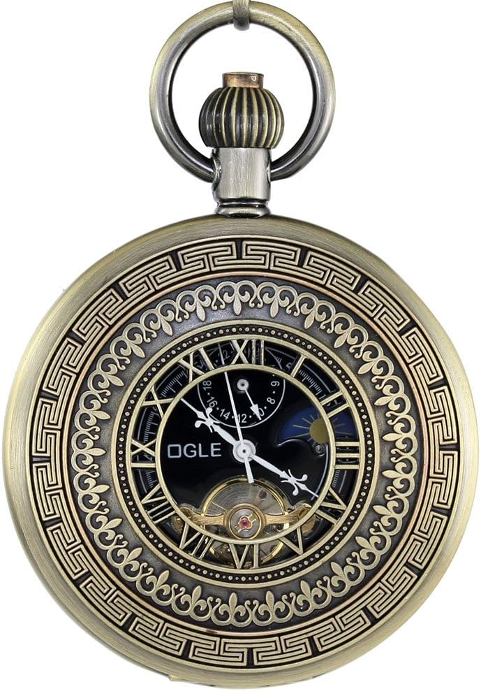 OGLE Waterproof Bronze Black Tourbillon Phases Moon Chain Fob Skeleton Automatic Mechanical Pocket Watch, Black, Digital,Mechanical