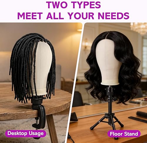 Miniatura 4 de Cabeza de peluca de 23 pulgadas, soporte para peluca trípode con cabeza, soporte de peluca de lona con cabeza de maniquí para pelucas, juego