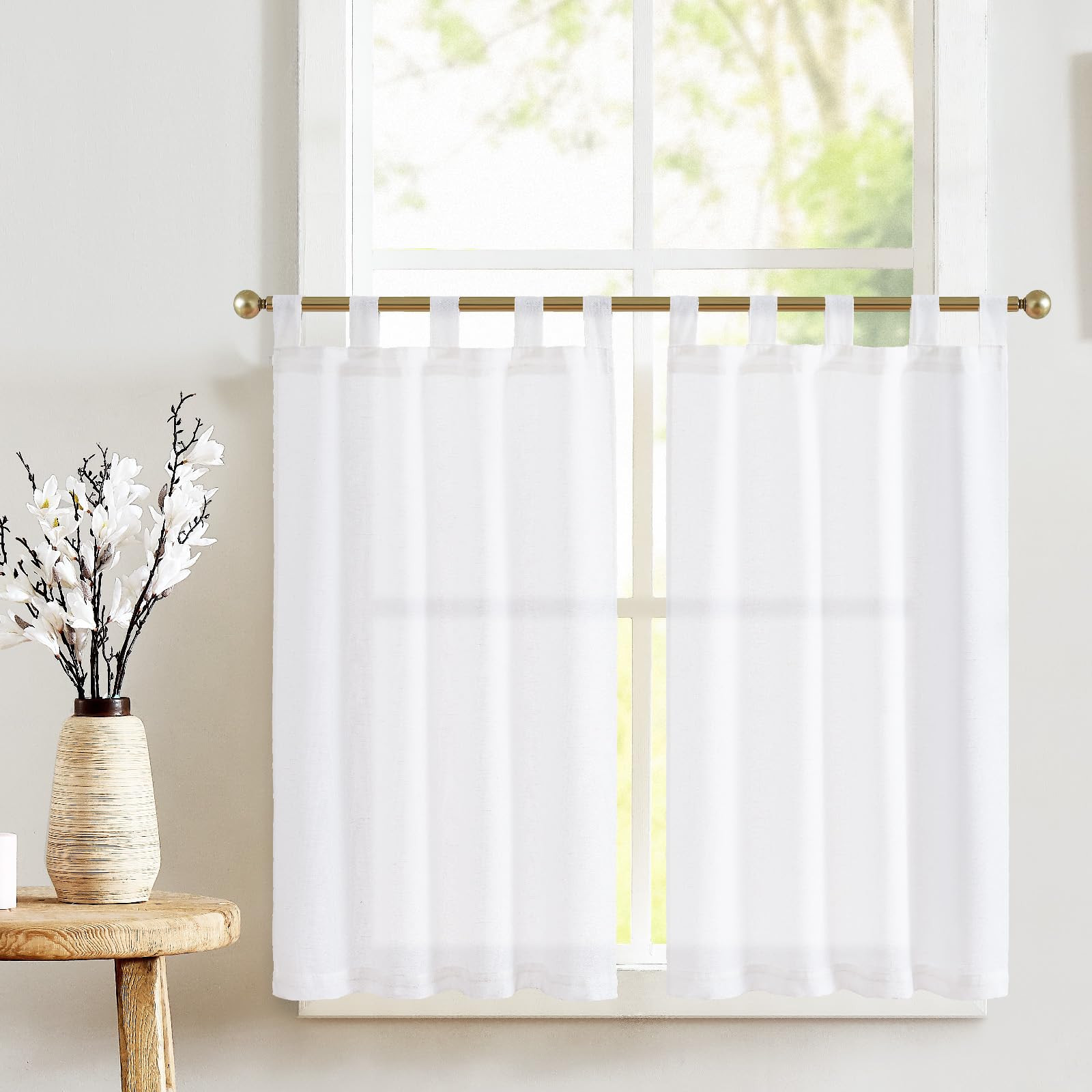 TOPICK Visillo de lino con trabillas, cortina de bistró, semitransparente, corta, cortina de ventana, para cocina, salón, casa de campo, juego de 2 unidades, 65 x 90 cm, color blanco