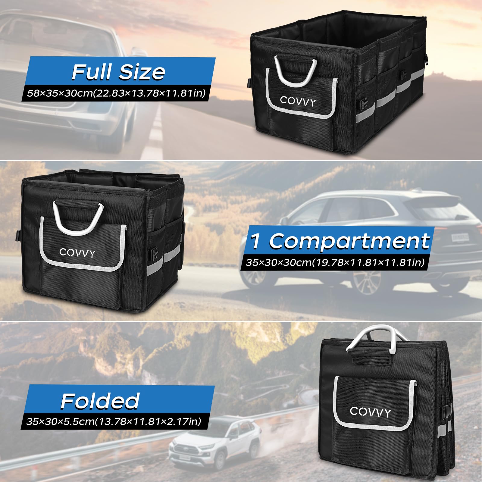 Organiseur de coffre de voiture pliable 65 L | Poche à rabat, Poches latérales, Poignée solide, Fond antidérapant, Multi-compartiments pour petite voiture et SUV