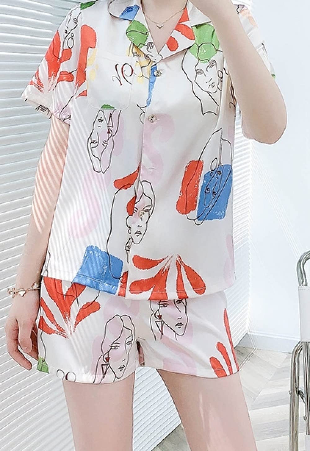 Donna Pigiama Estivo Due Pezzi,Ritratto Astratto Stampa Bavero Donna Manica Corta Pigiama 2 Pezzi Set Morbido Pigiama Da Donna Confortevole Loungewear Regalo Per La Festa Della Mamma Per Moglie Fida