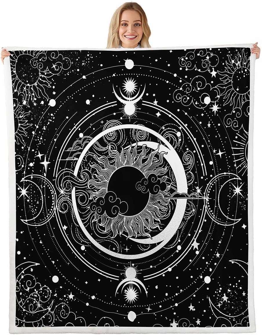 jejeloiu Moth Fleece Throw Blanket 40"x50" Bohe Plush Blanket for Bed Sofa Couch Bohemian Sherpa Blanket Breathable Sun Moon Warm Fuzzy Blanket Room Decor