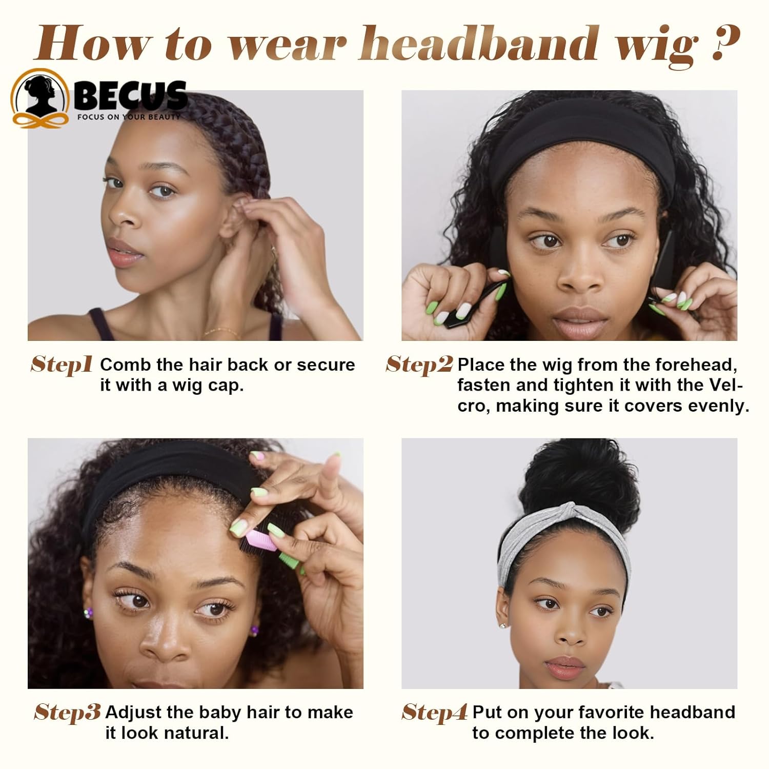BECUS 14'' Straight Headband Wig for Black Women, Black Glueless Half Wig No Lace Front, Easy Wear Synthetic Wig for Daily Wear and Party
