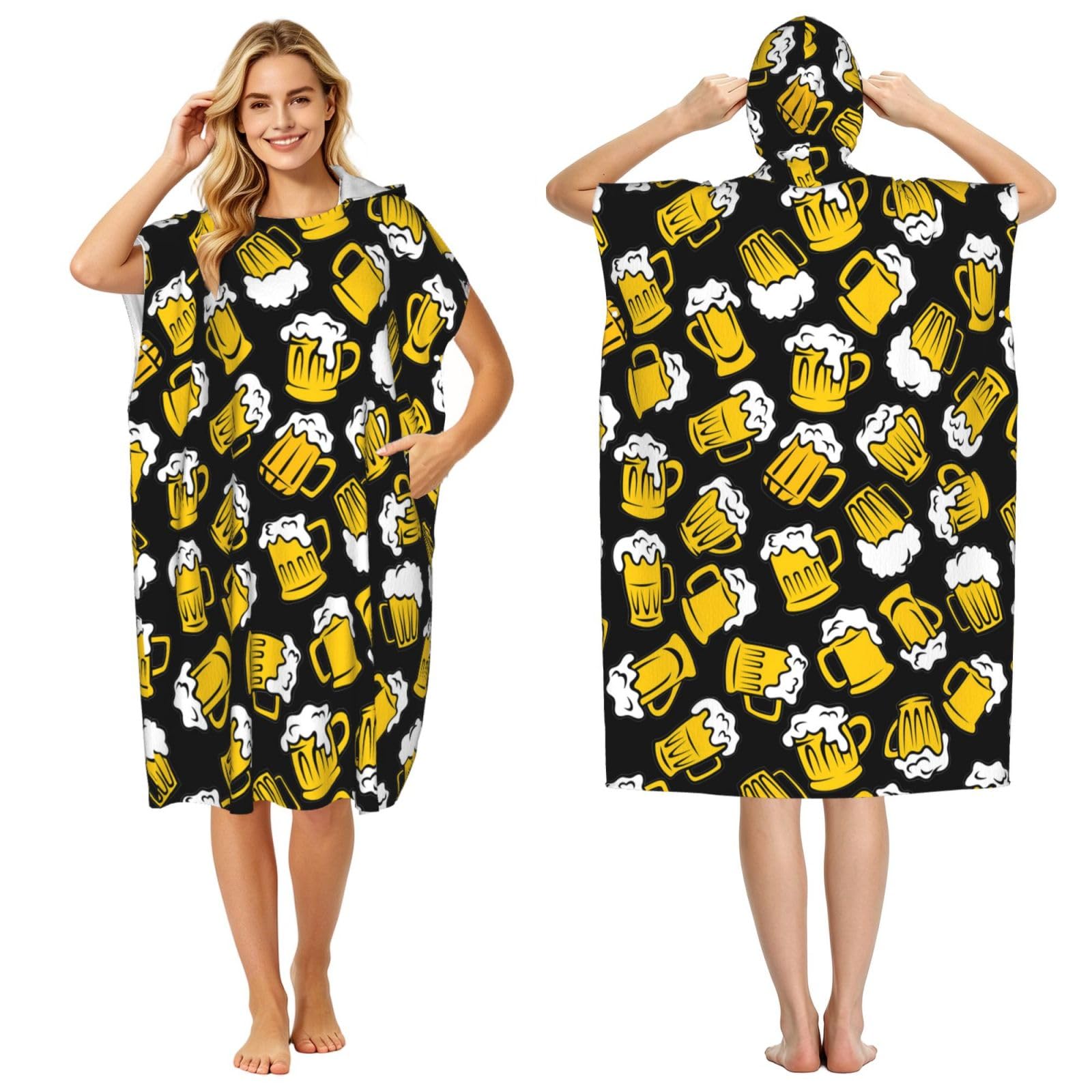 Poadnly Retro Cartoon Beer, Adult Hooded Beach Towel 90 x 110 cm,Changing Bath Robe, Surf Poncho Towel For Women Men
