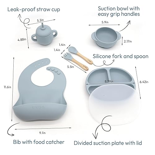 Miniatura 2 de EVOS - Juego de alimentación de silicona para bebés  Juego de destete para bebés  Placa de succión y cuenco  Babero  Taza de paja a prueba de fugas
