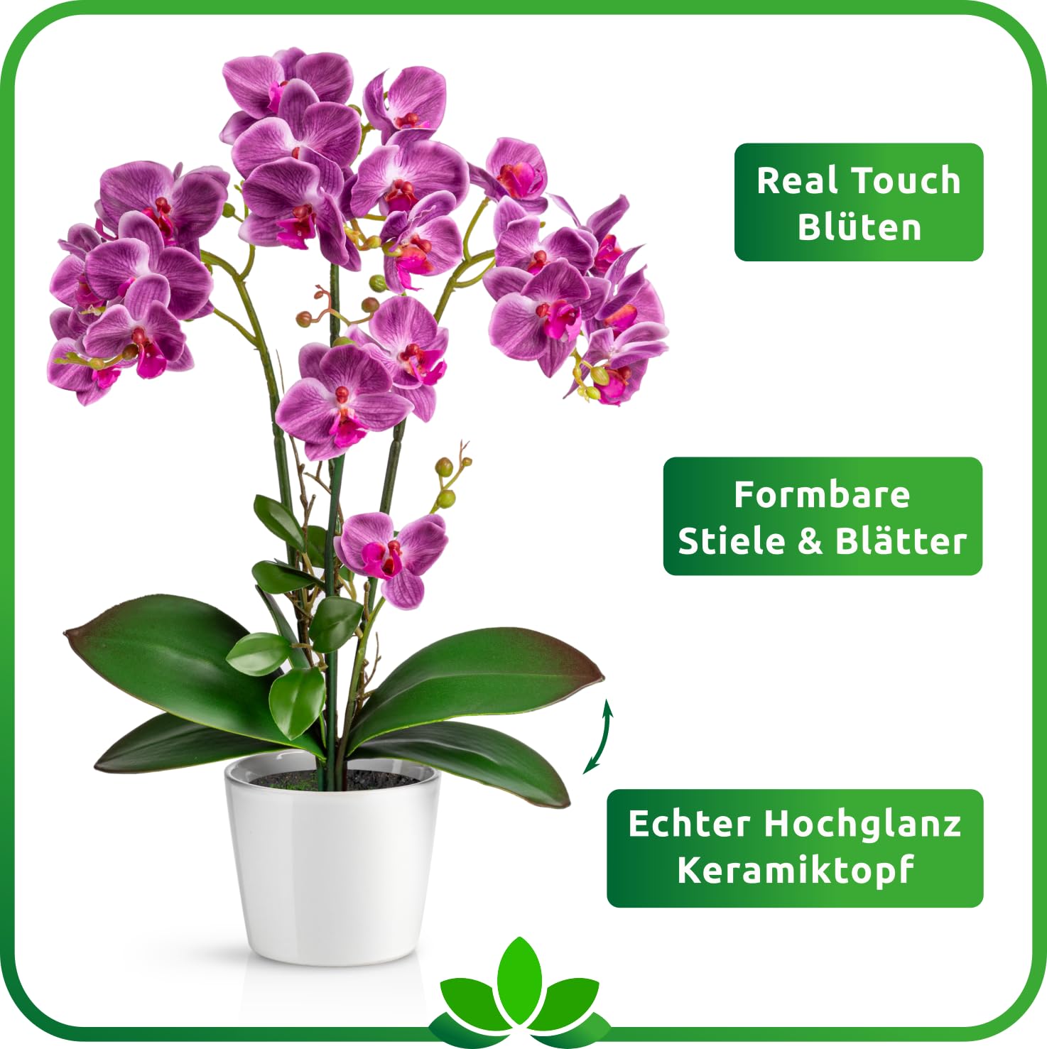 PASCH® Orchideen Künstlich in Hochglanz-Keramiktöpfen (46cm) | Kunstblumen Wie Echt | Künstliche Orchideen im Topf (Lila)