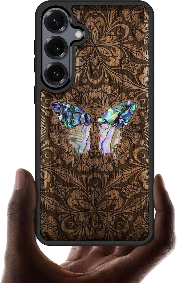 Carveit Handcrafted Case for Galaxy S25 Plus, (Baroque Butterfly) Walnut | Samsung Galaxy S25+ Case Compatible with MagSafe Wireless Chargers, Wood Engraved & Shell Inlaid, TPU Shockproof Bumper