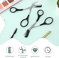 Vista 6 de KALIONE Tijeras profesionales para recortar cejas con peine, acero inoxidable, negro, ambidiestro, borde recto, 2 unidades, perfectas para hombres