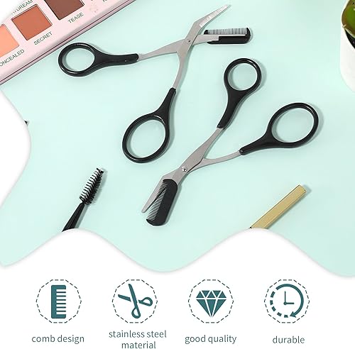 Miniatura 6 de KALIONE Tijeras profesionales para recortar cejas con peine, acero inoxidable, negro, ambidiestro, borde recto, 2 unidades, perfectas para hombres y