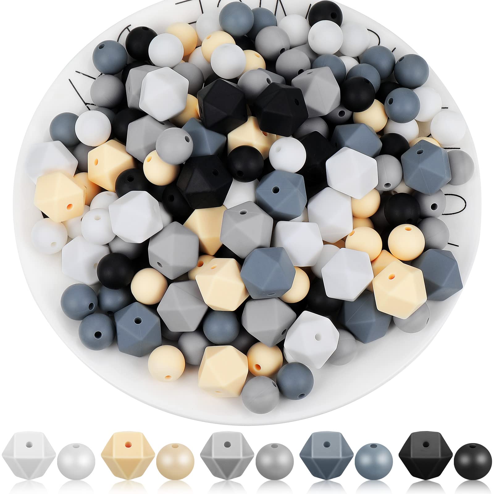 200 Pieces Silicone Beads DIY Necklace Bracelet Beads 150 Pcs 12 mm Round Silicone Round Silicone Beads and 50 Pcs Polygonal Silicone Beads for Jewelry Nursing Crafts Accessories Kit (Classic Color)