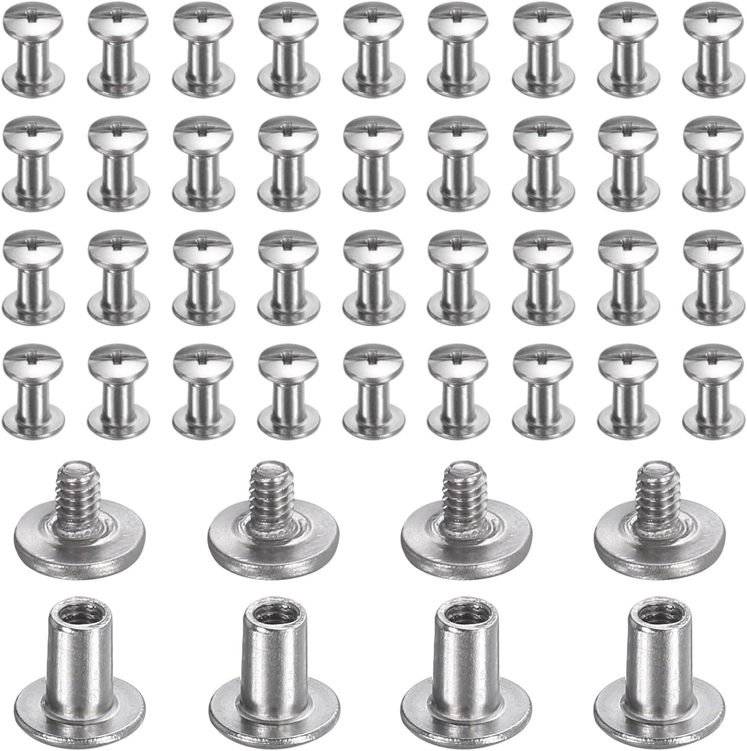 sourcing map 40set Chicago Screw M2x5mm 3mm Length Metal Phillips Nail Rivet Stud Bolts Rivets Binding Post Screw for DIY Leather Belt Bag Craft Bookbinding, Silver