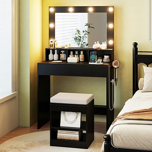 Miniatura 8 de CHARMAID Juego de mesa de tocador con espejo iluminado, 8 bombillas, cajón grande, estante de almacenamiento de mesa, escritorio moderno para