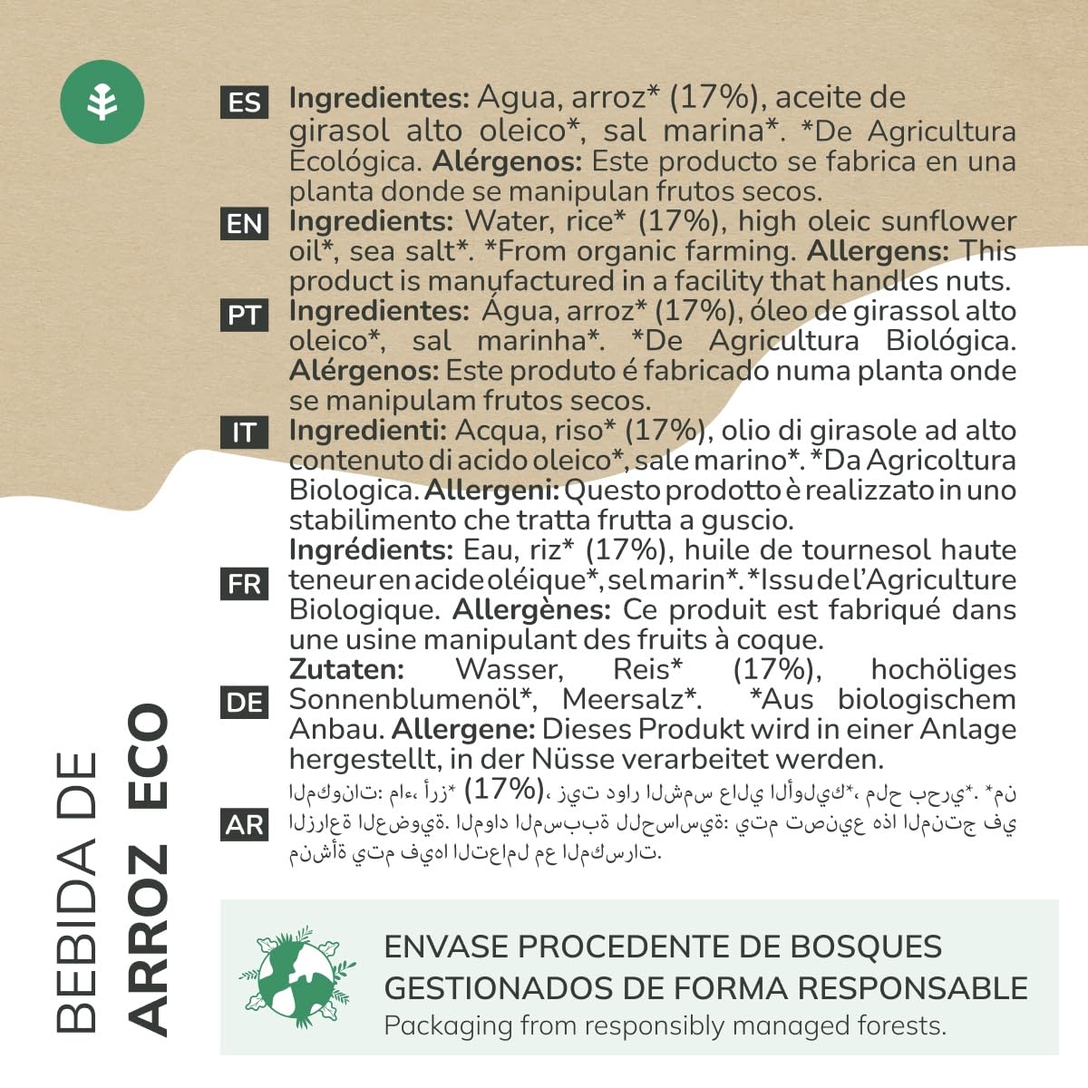 PLANETA HUERTO Bebida de Arroz Eco 1L Sin Lactosa Sin Azúcar Añadido 100% Natural Pack 6x