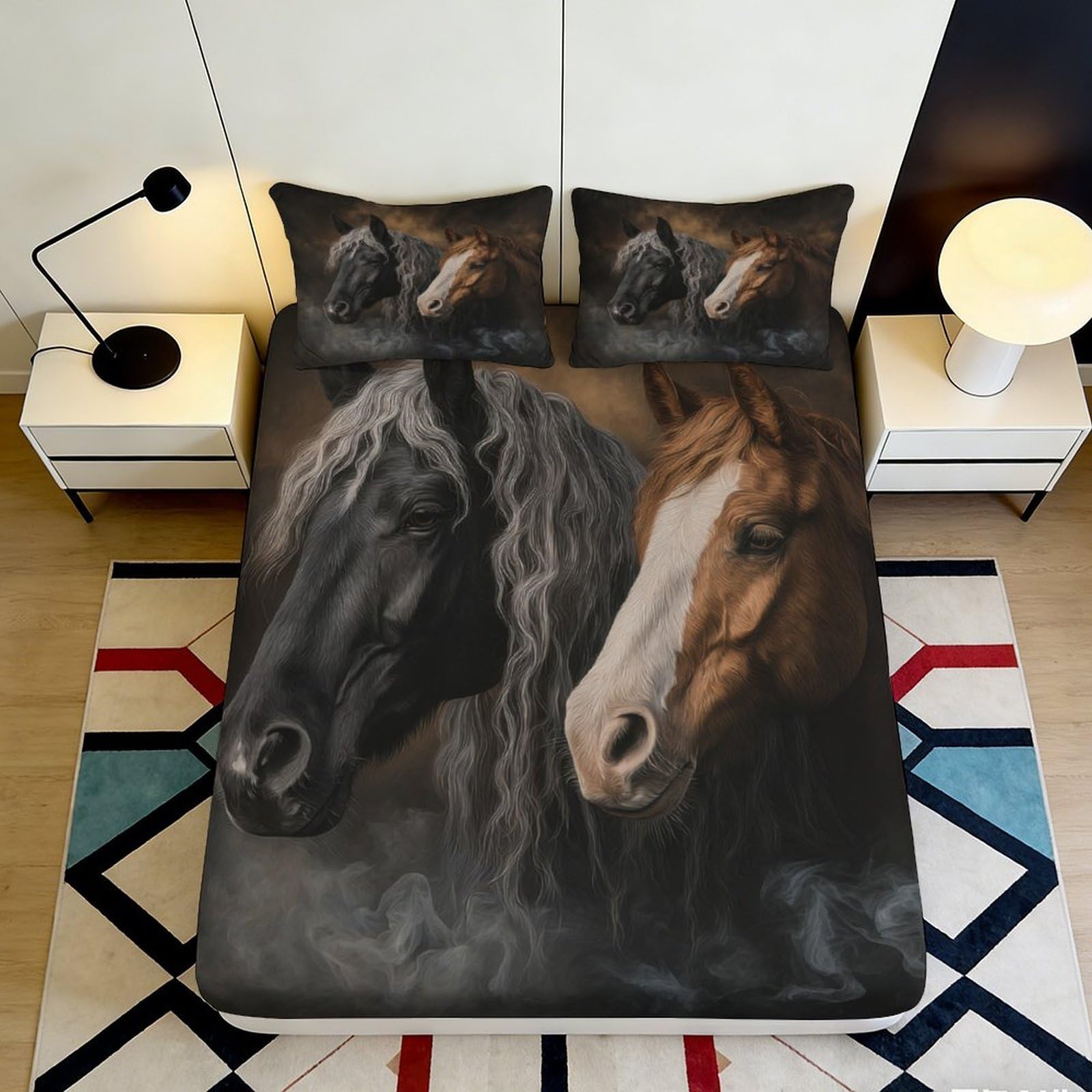 3D Printed Majestic Black Horse Fitted Sheet Microfiber Soft Brown Horse Bed Cover for Bedroom Guest Room Decor 90x200x25cm