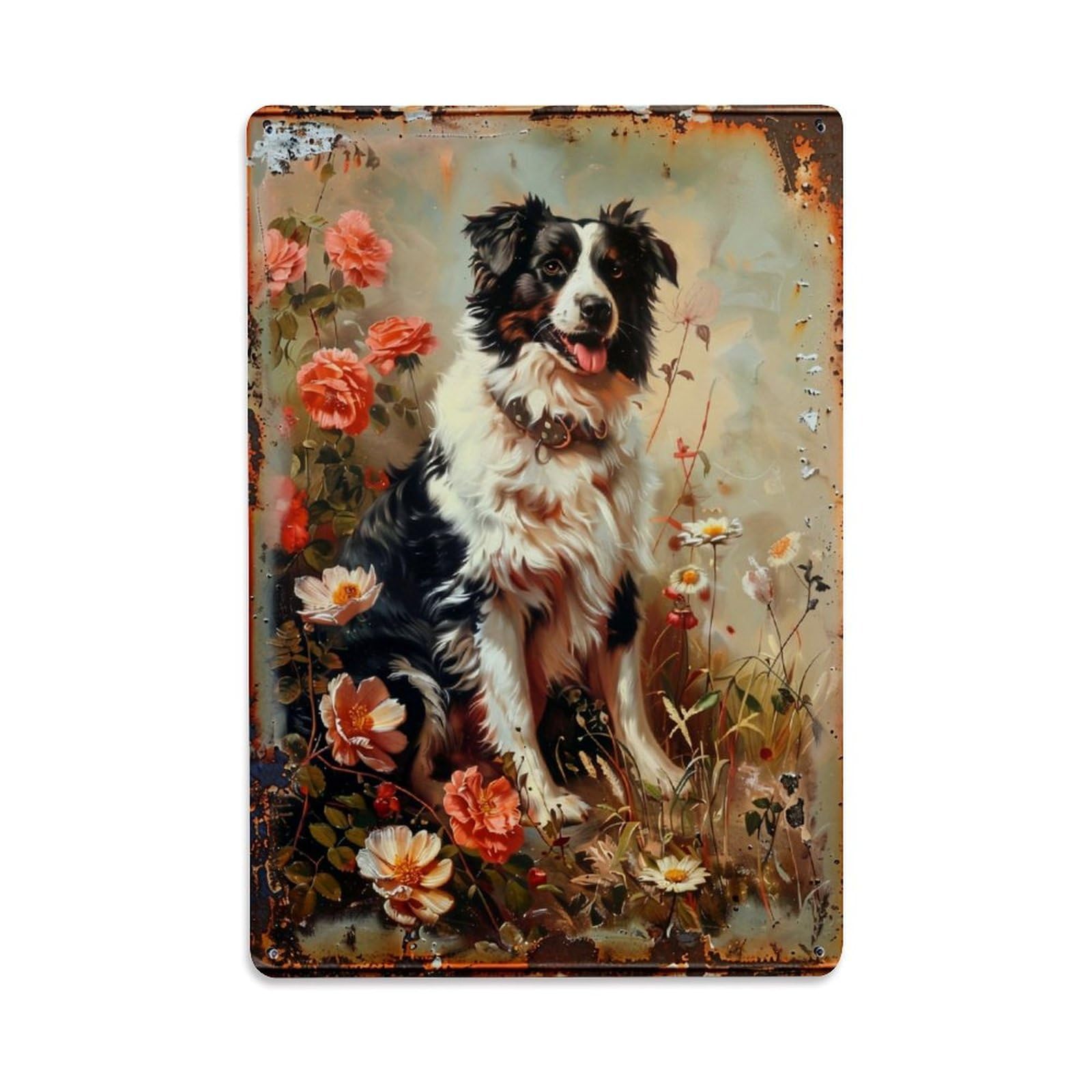 Dog Floral Garden Portrait Art Retro Metal Tin Sign, Vintage Decor Art Poster for Bar, Home, Man Cave, Kitchen, Laundry Room Gift 8x12Inch
