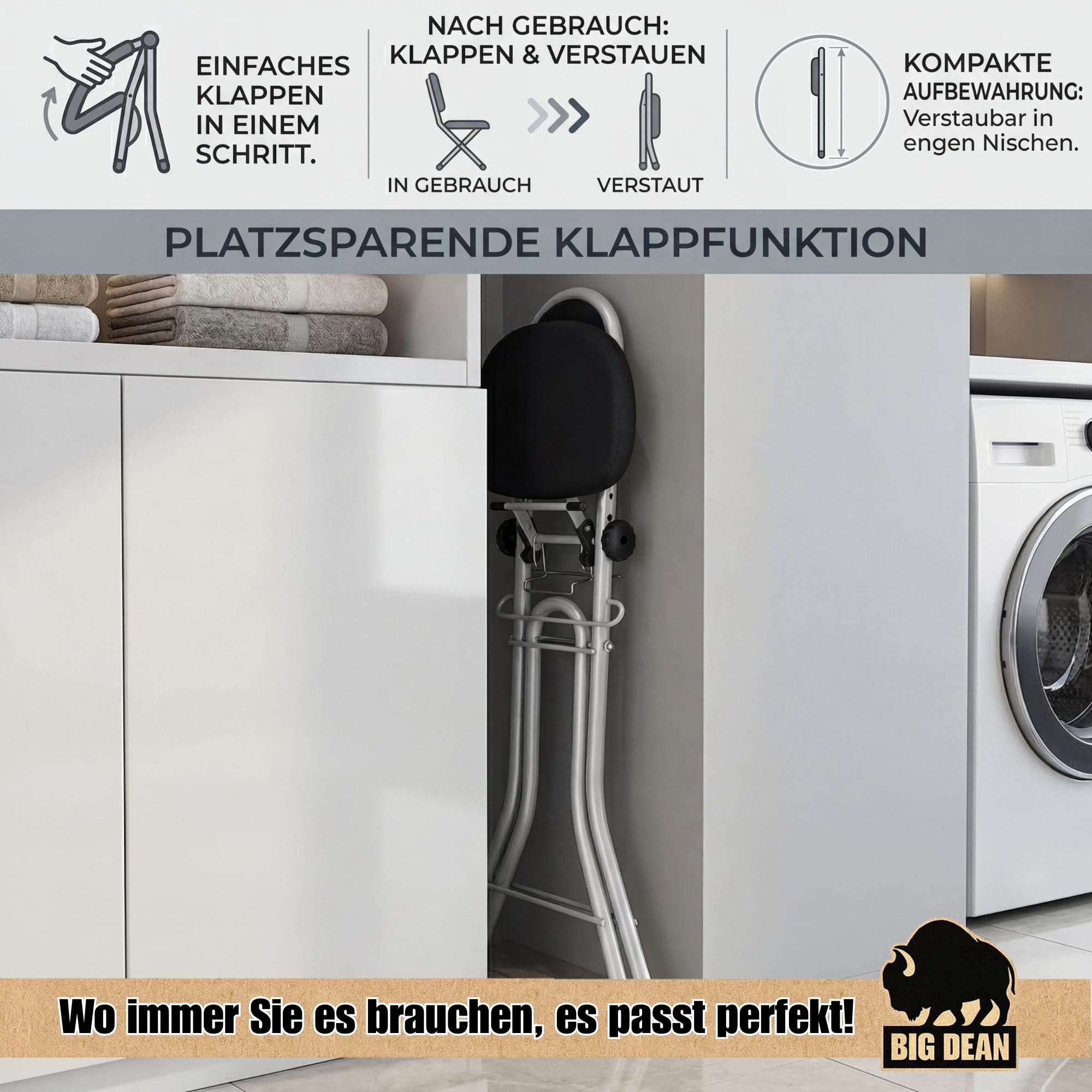 BigDean Bügelstehhilfe Stehhilfe Stehstuhl 4-Fach Höhenverstellbar Klappbar Ergonomisches Sitzen mit Rückenlehne