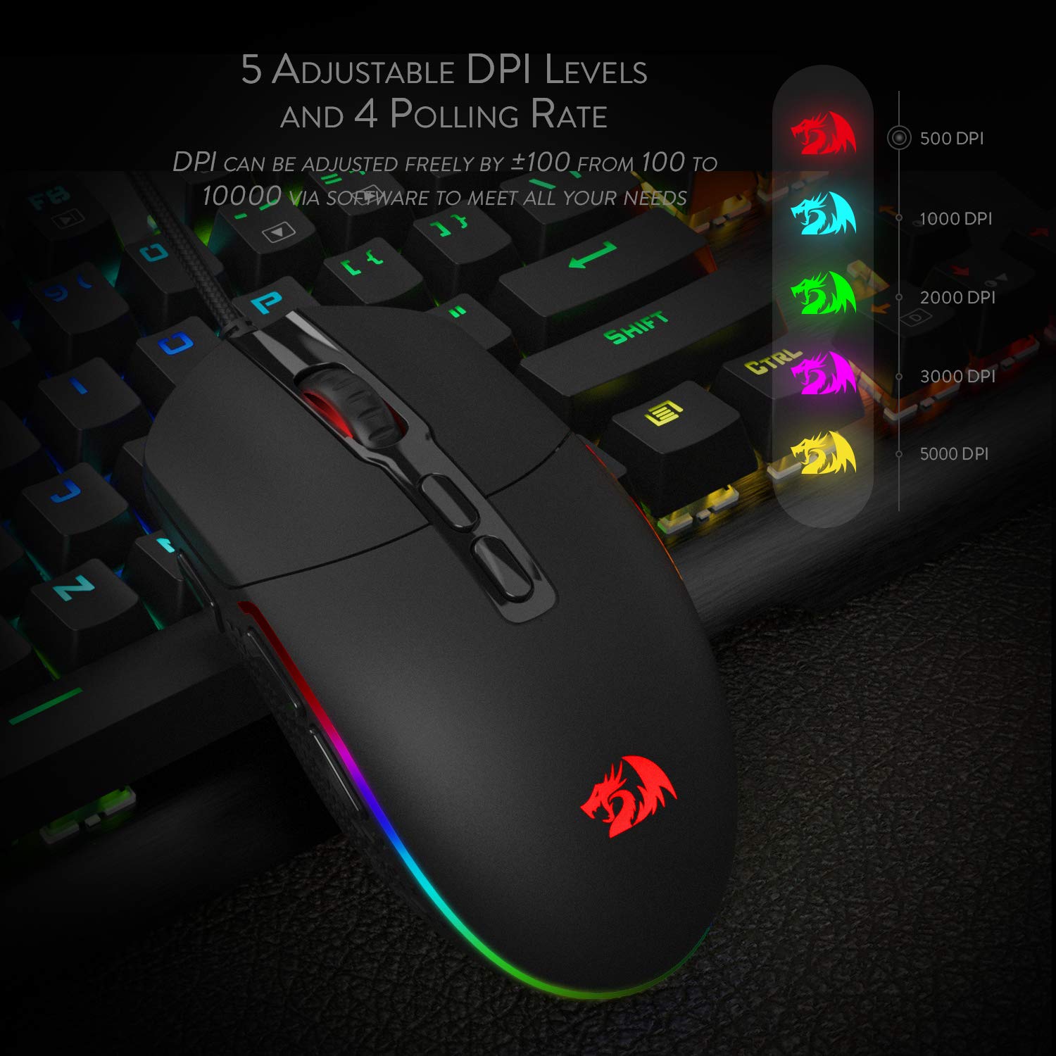 Redragon M719 Invader Souris de Jeu Optique Filaire, 7 Boutons programmables, rétroéclairage RVB, 10 000 DPI, Souris de Jeu Ergonomique avec Bouton Fire