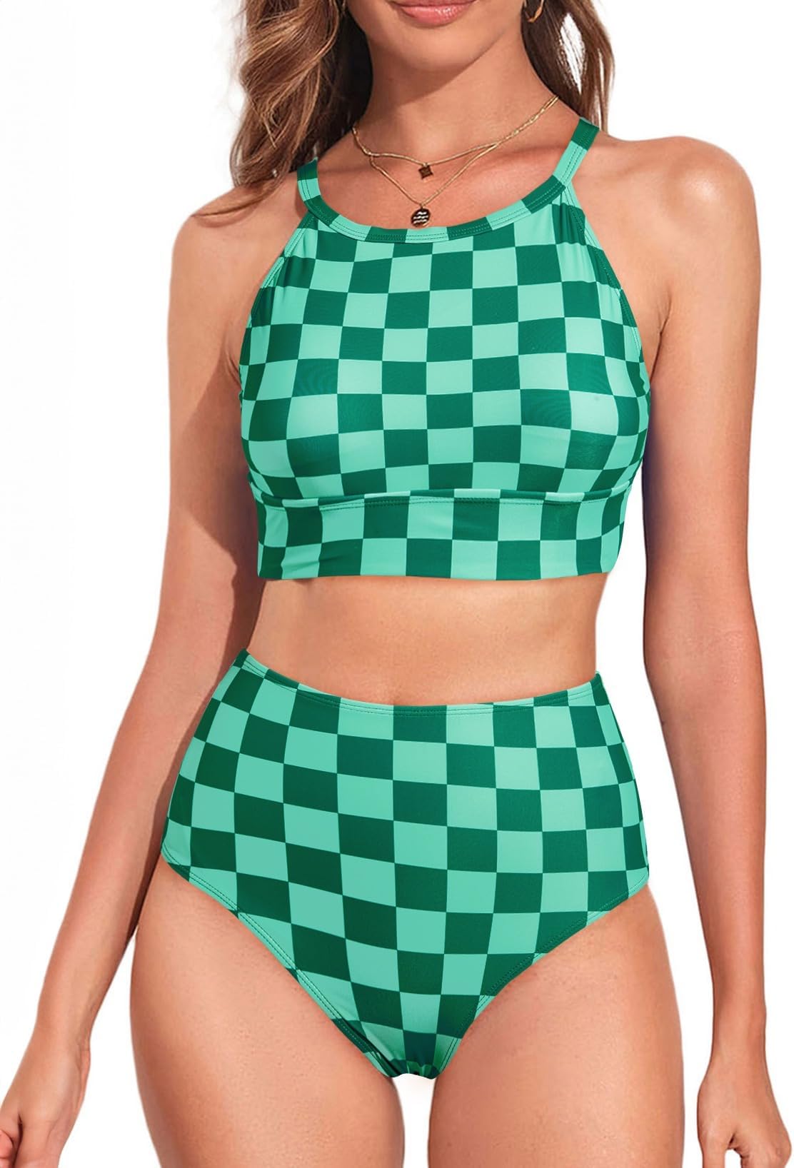 HerseasWomen's Bikini Sets High Neck Tropical Leaf Print High Waisted Two Pieces Swimsuits Bathing Suits